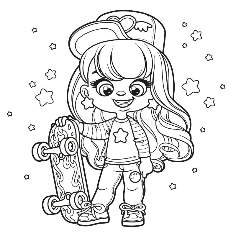 Cute cartoon girl with skateboard and candy outlined for coloring page on white stock vector