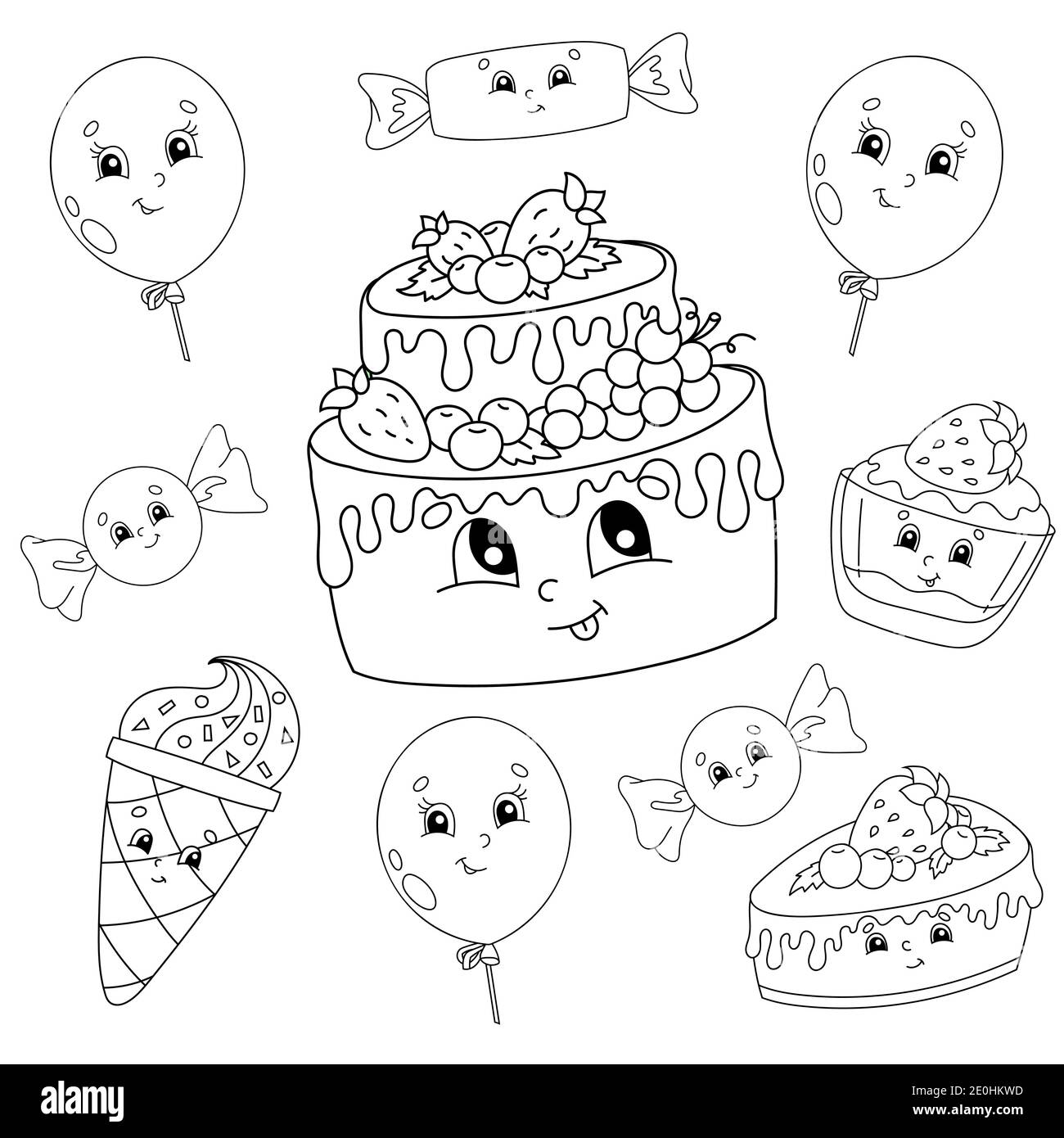 Coloring book for kids happy birthday theme cheerful characters vector illustration cute cartoon style black contour silhouette isolated on whit stock vector image art