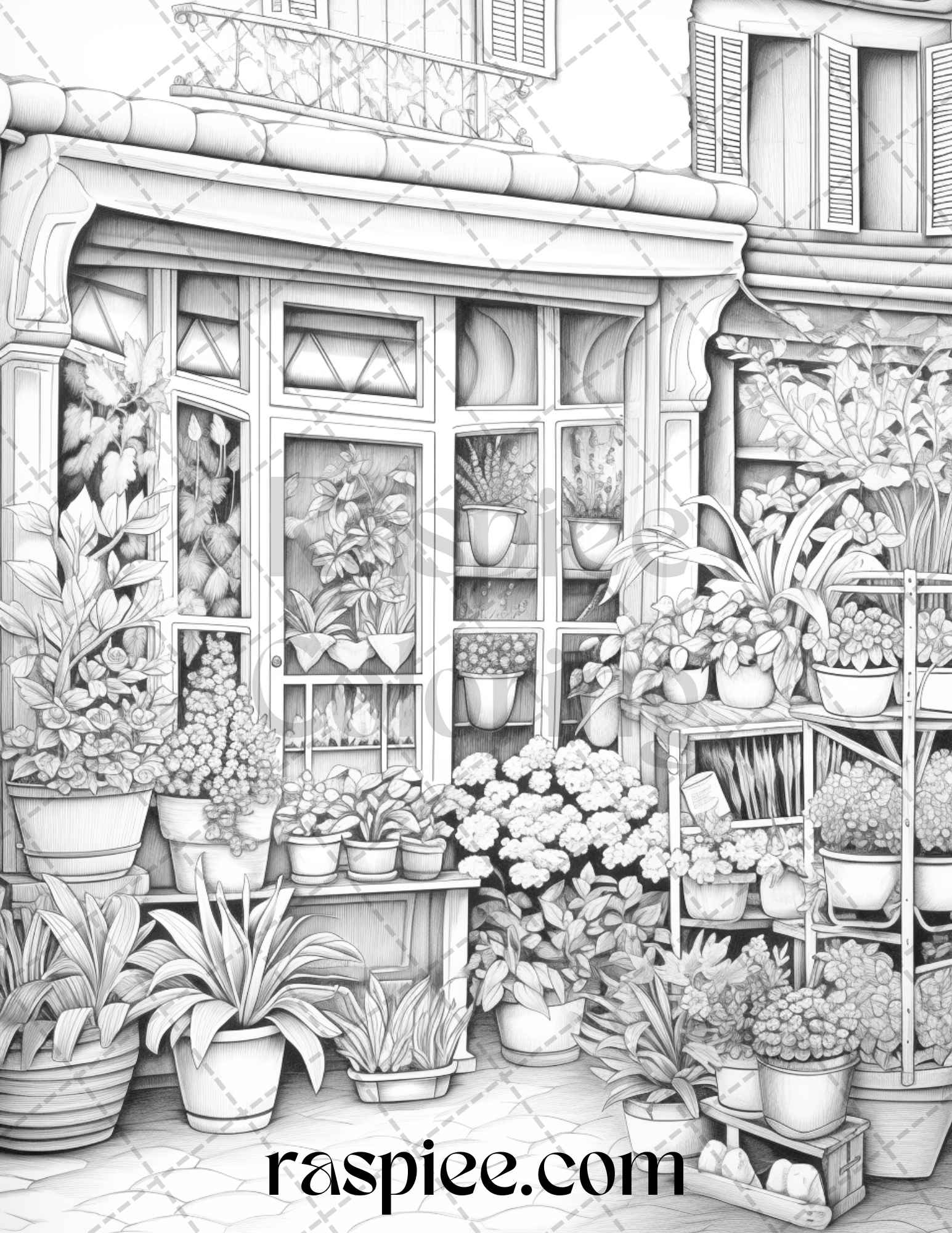 Flower store front grayscale coloring pages printable for adults p â coloring