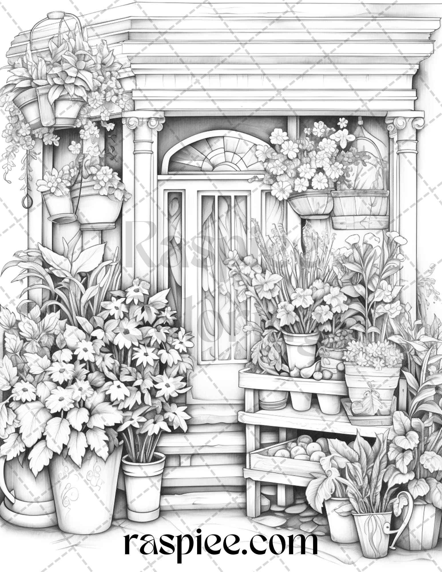 Flower store front grayscale coloring pages printable for adults p â coloring