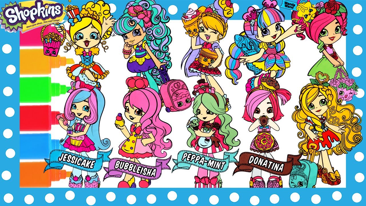 Shopkins shoppies dolls coloring book pages acy acaron jessicake rainbow kate happily snowball