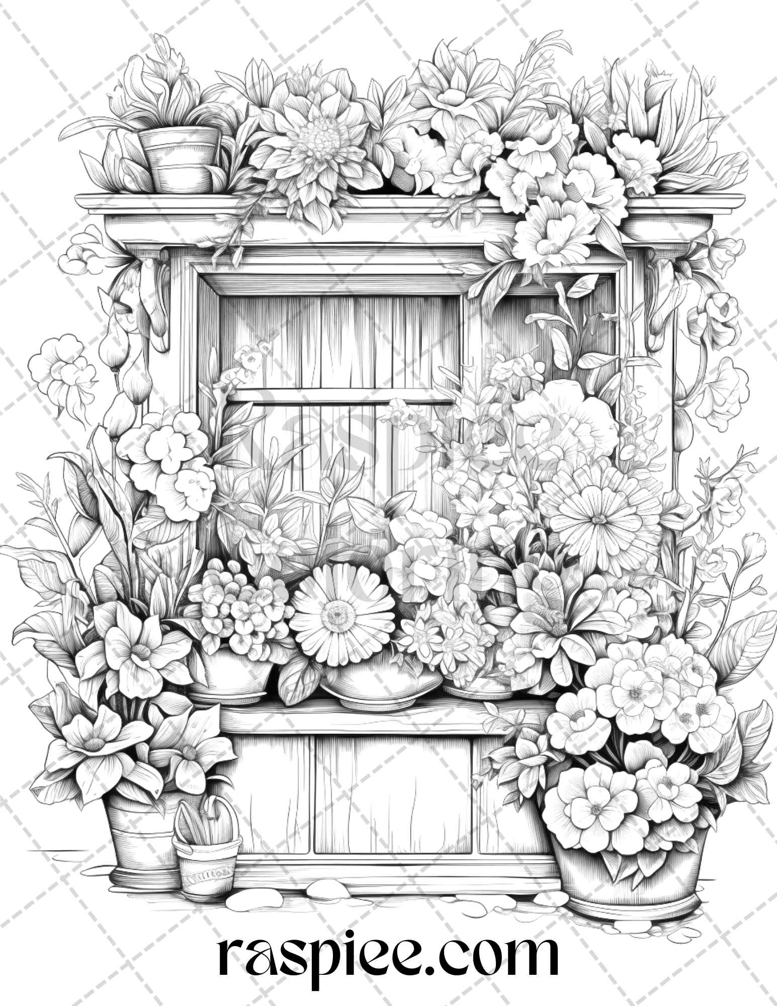 Flower store front grayscale coloring pages printable for adults p â coloring