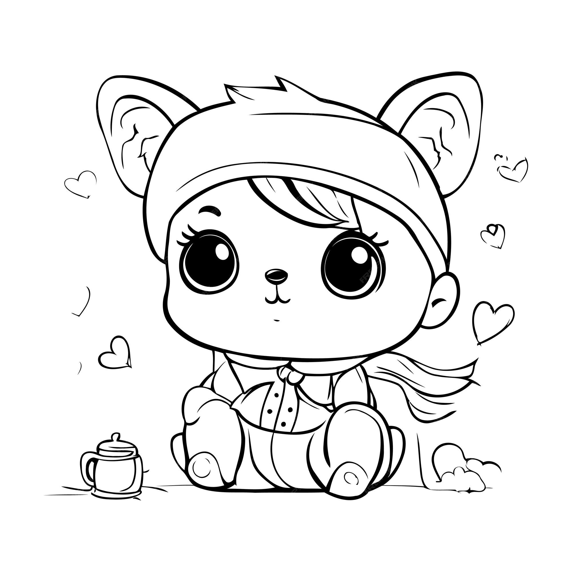 Premium vector coloring page outline of cartoon cute little girl with cup of tea
