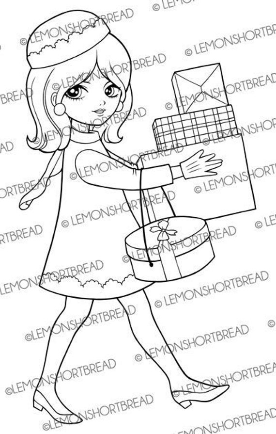 Digital stamp shopping mod girl digi coloring page winter christmas gift presents retro style art download