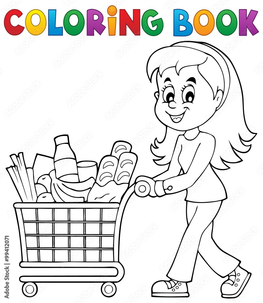 Coloring book woman with shopping cart vector