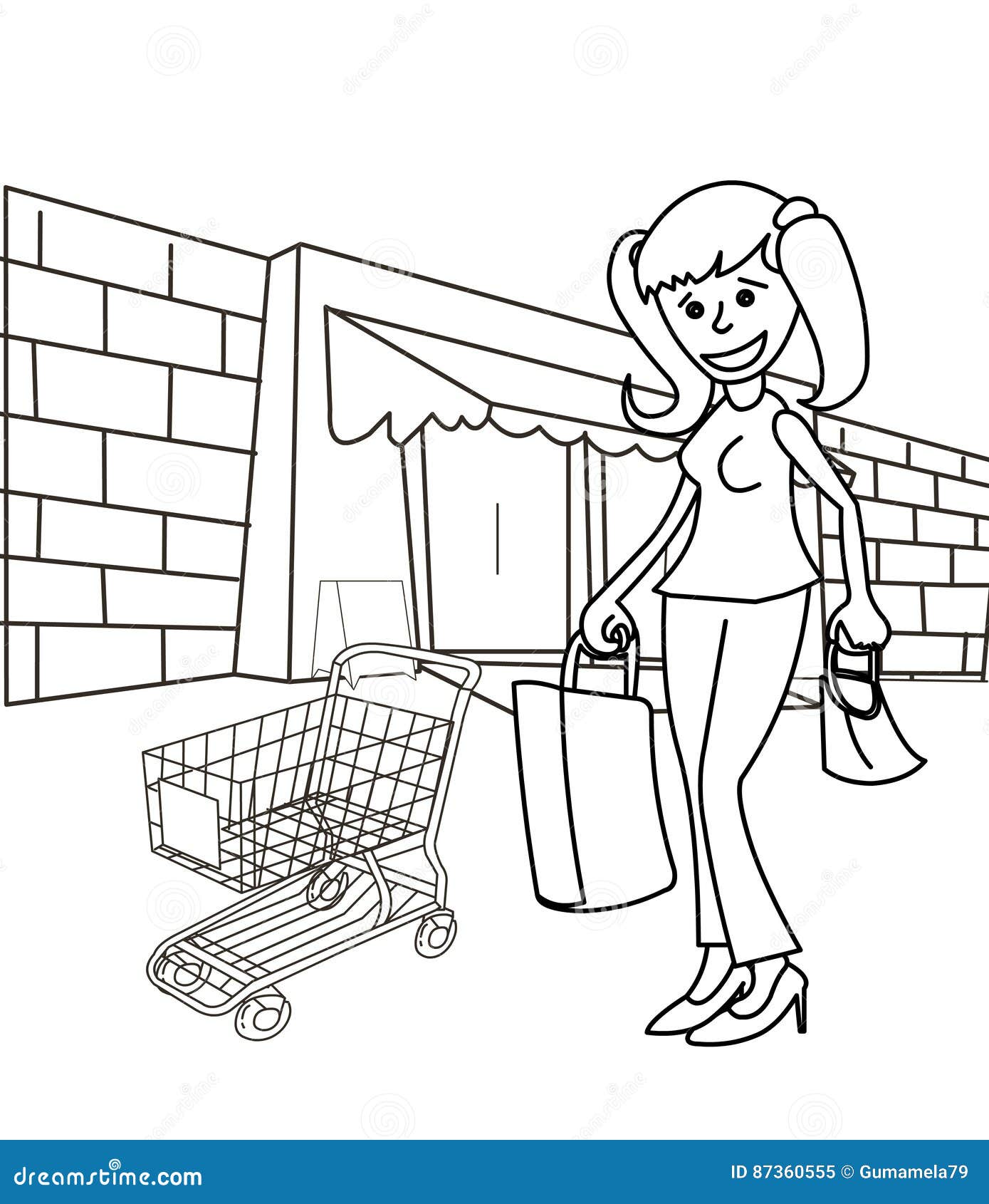 Adult girl shopping coloring page stock illustration