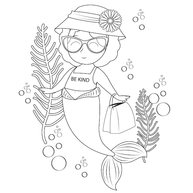 Premium vector cute mermaid shopping coloring page for kids