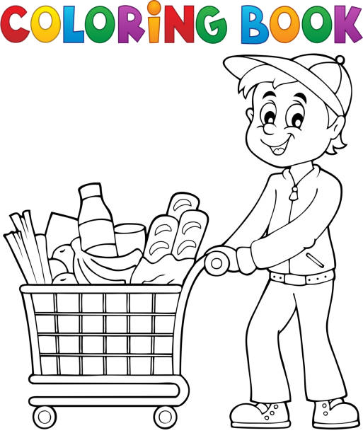 Coloring book man with shopping cart stock illustration