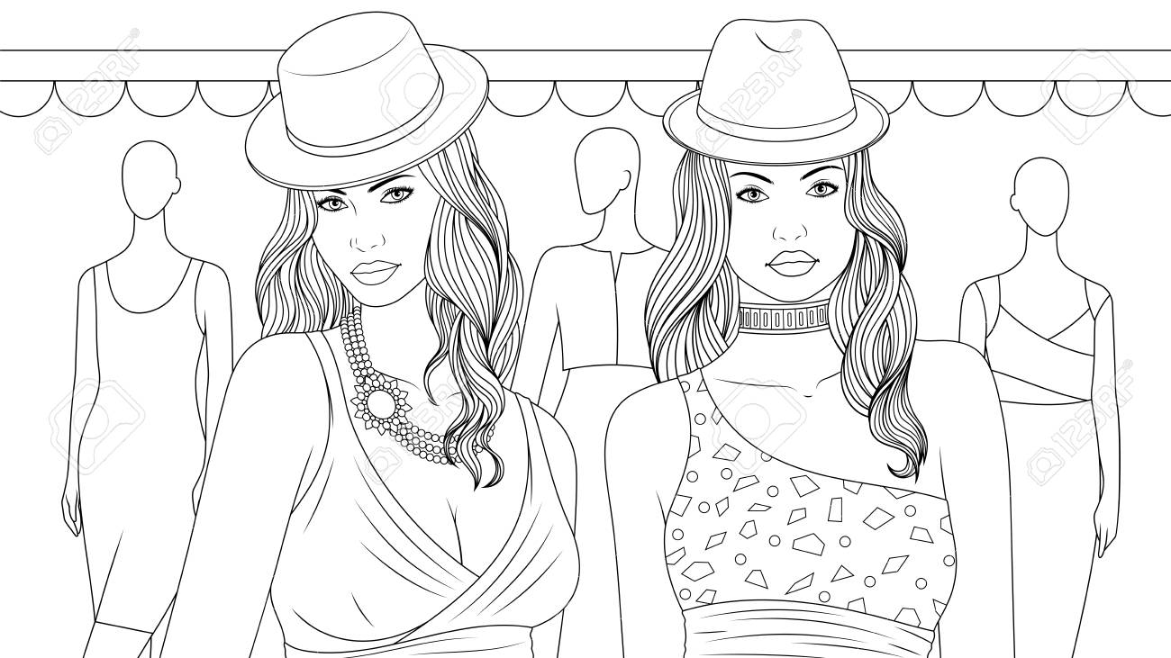 Coloring book two lovely fashion girls go shopping shopping center royalty free svg cliparts vectors and stock illustration image