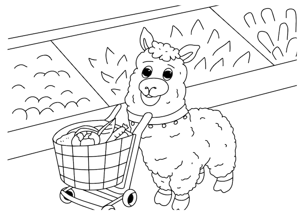 Premium vector children coloring book page ilama shopping