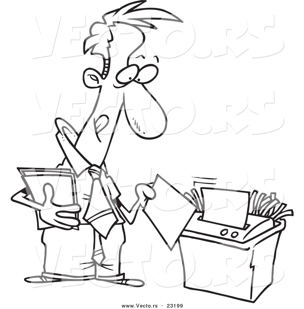 R of a cartoon businessman using a shredder
