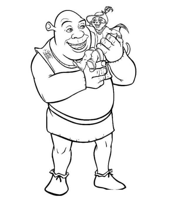 Shrek holding cat coloring page