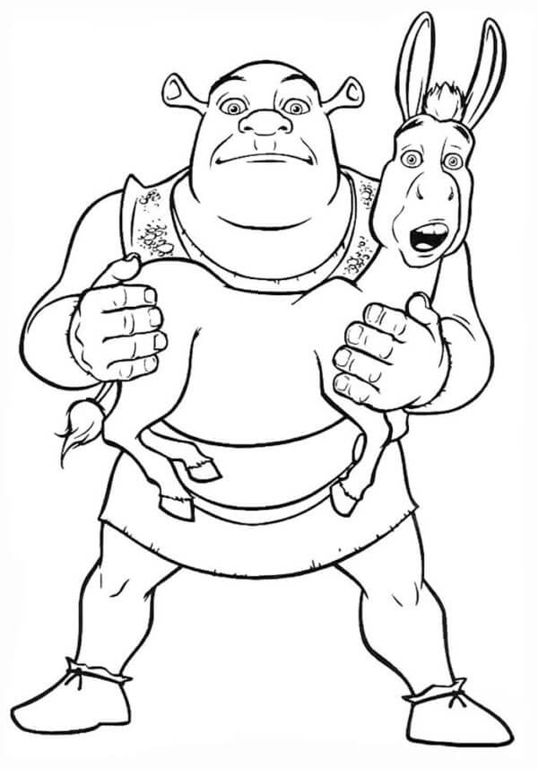 Funny shrek holding donkey coloring page