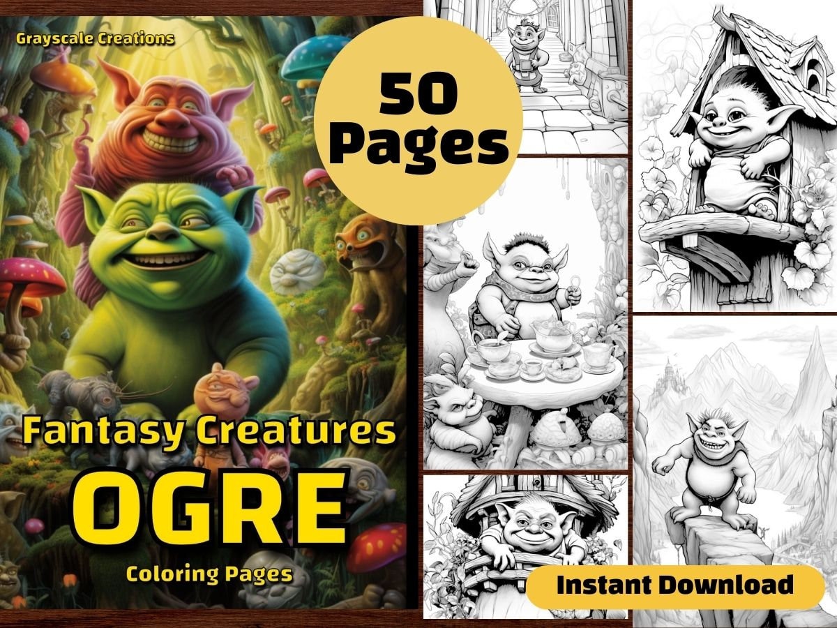 Cute baby ogre coloring page book printable pdf sheet instant download grayscale coloring adults kid adhd dnd monster elf troll