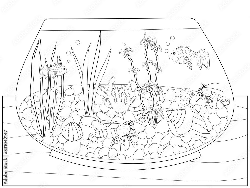 Aquarium with fish and shrimp black and white outline drawing by hand coloring book for children illustration