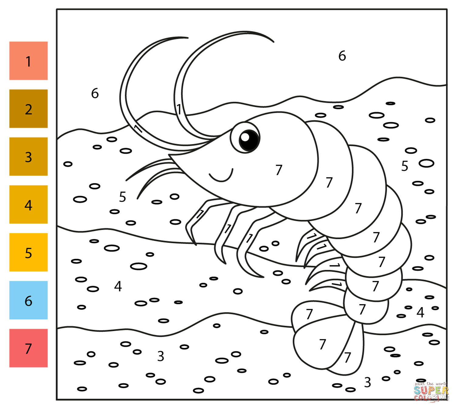 Shrimp color by number free printable coloring pages