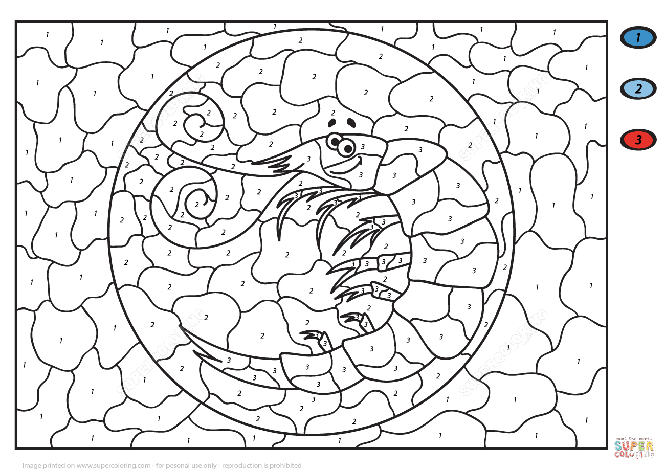 Funny cartoon shrimp color by number free printable coloring pages