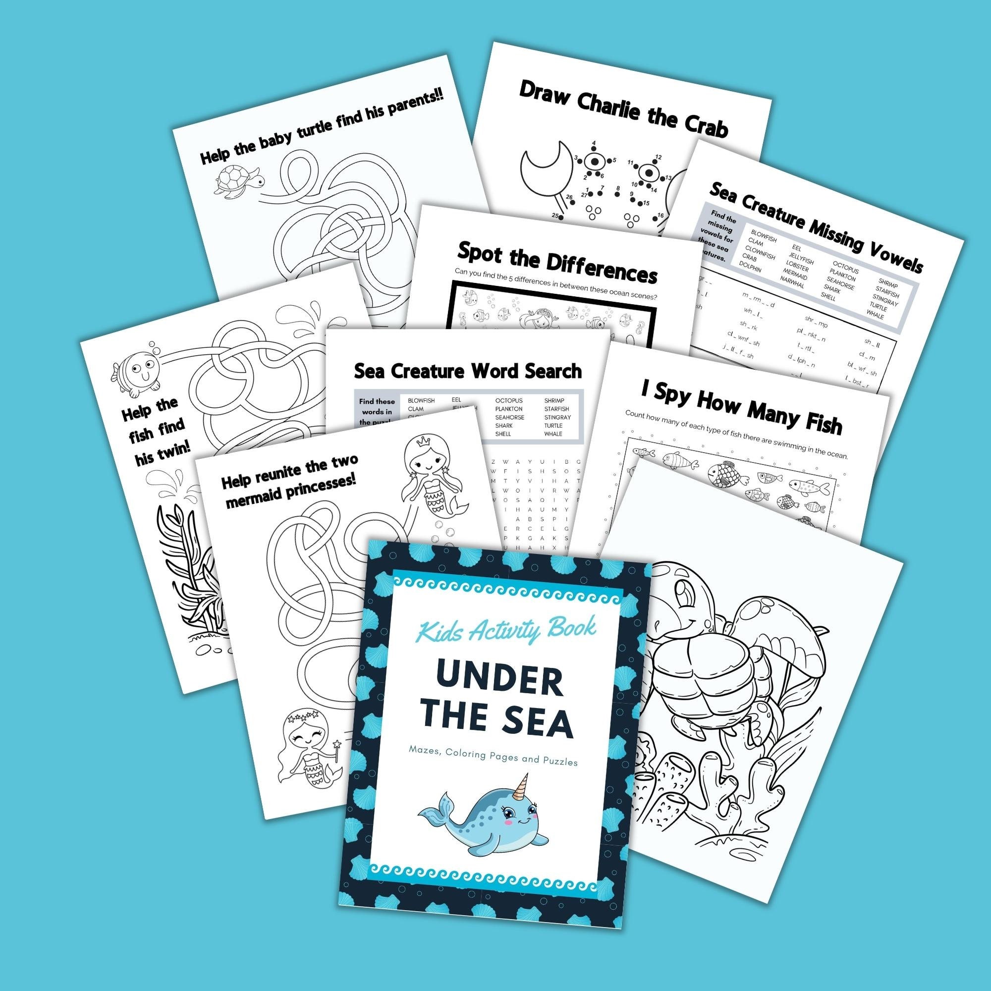 Under the sea kids activity book hand drawn mazes coloring pages puzzles ocean animals page instant download printable