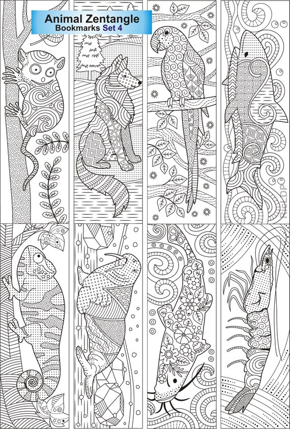 Set of animal zentangle coloring bookmarks chameleon walrus catfish shrimp tarsier wolf parrot shark digital download