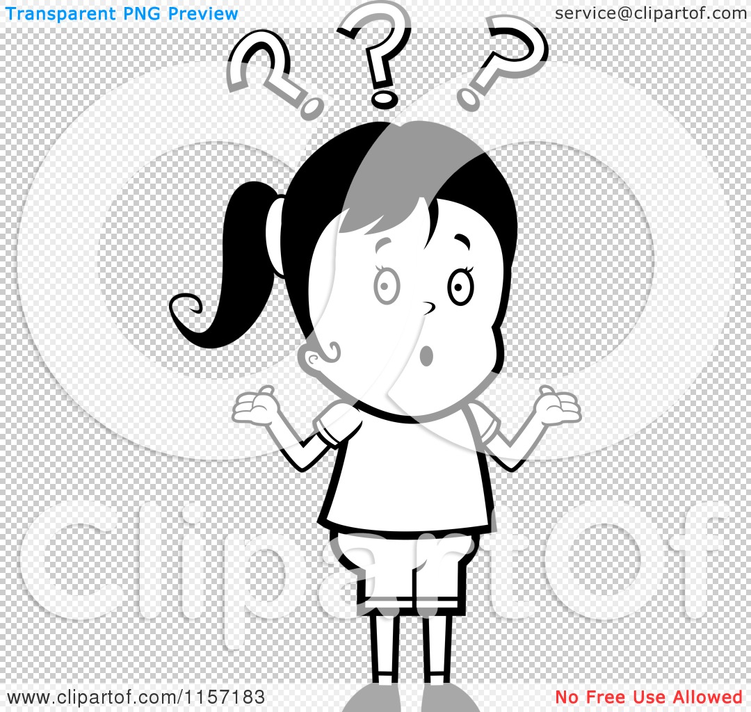 Cartoon clipart of a black and white confused haired girl shrugging under question marks