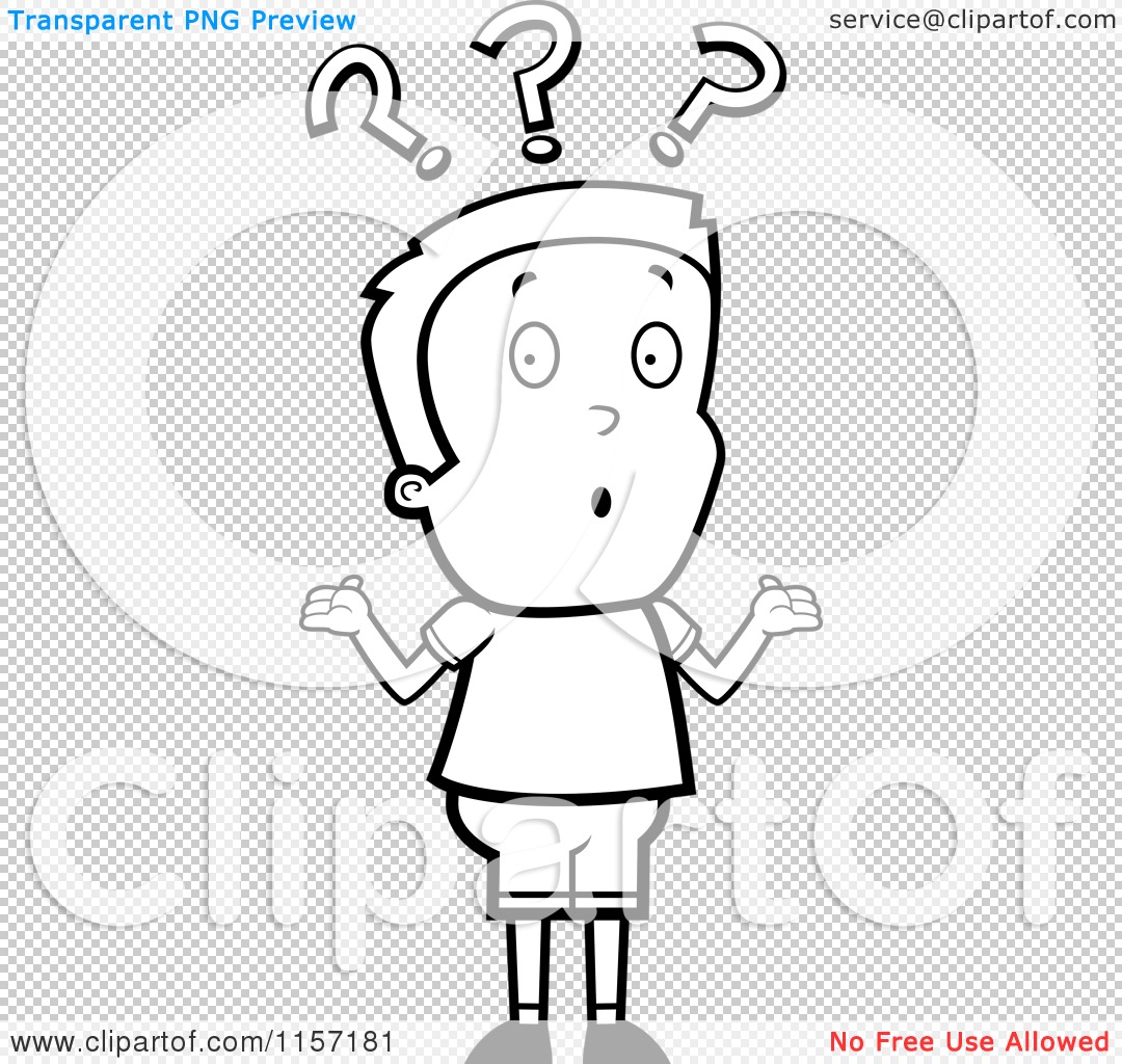 Cartoon clipart of a black and white confused boy shrugging under question marks