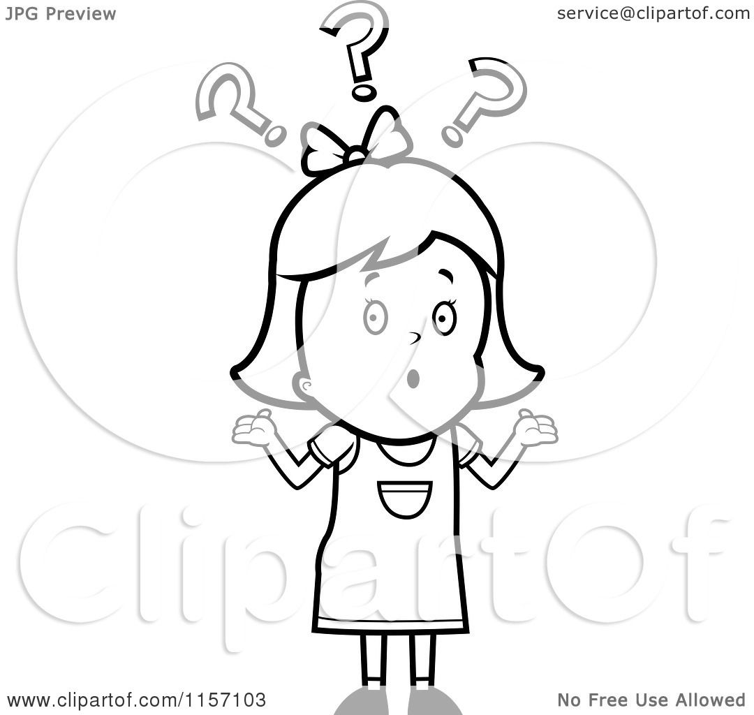 Cartoon clipart of a black and white confused girl shrugging under question marks