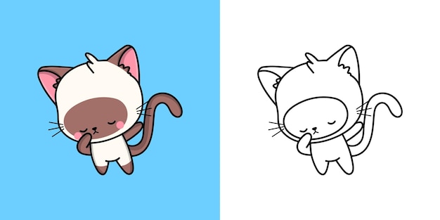 Premium vector set clipart cat coloring page and colored illustration clip art kawaii siamese cat