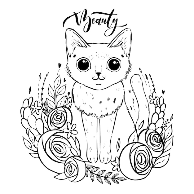 Premium vector coloring page with cartoon fluffy cat with roses siamese cat with open eyes and flowers