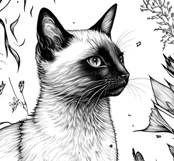 Siamese cat coloring sheet ai generated coloring page of an adorable siamese kitty with flowers instant download