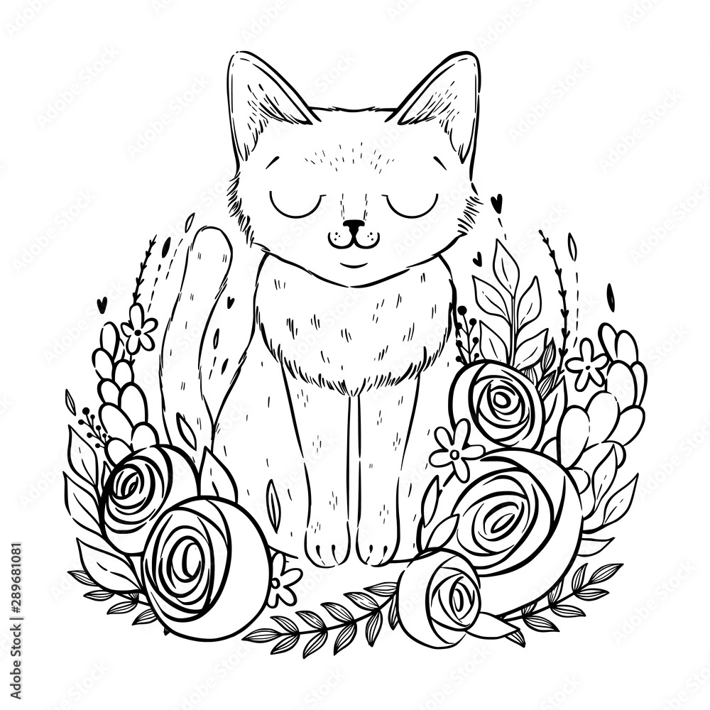 Coloring page with cartoon fluffy cat with roses siamese cat with closed eyes and flowers coloring book for adults and children illustration