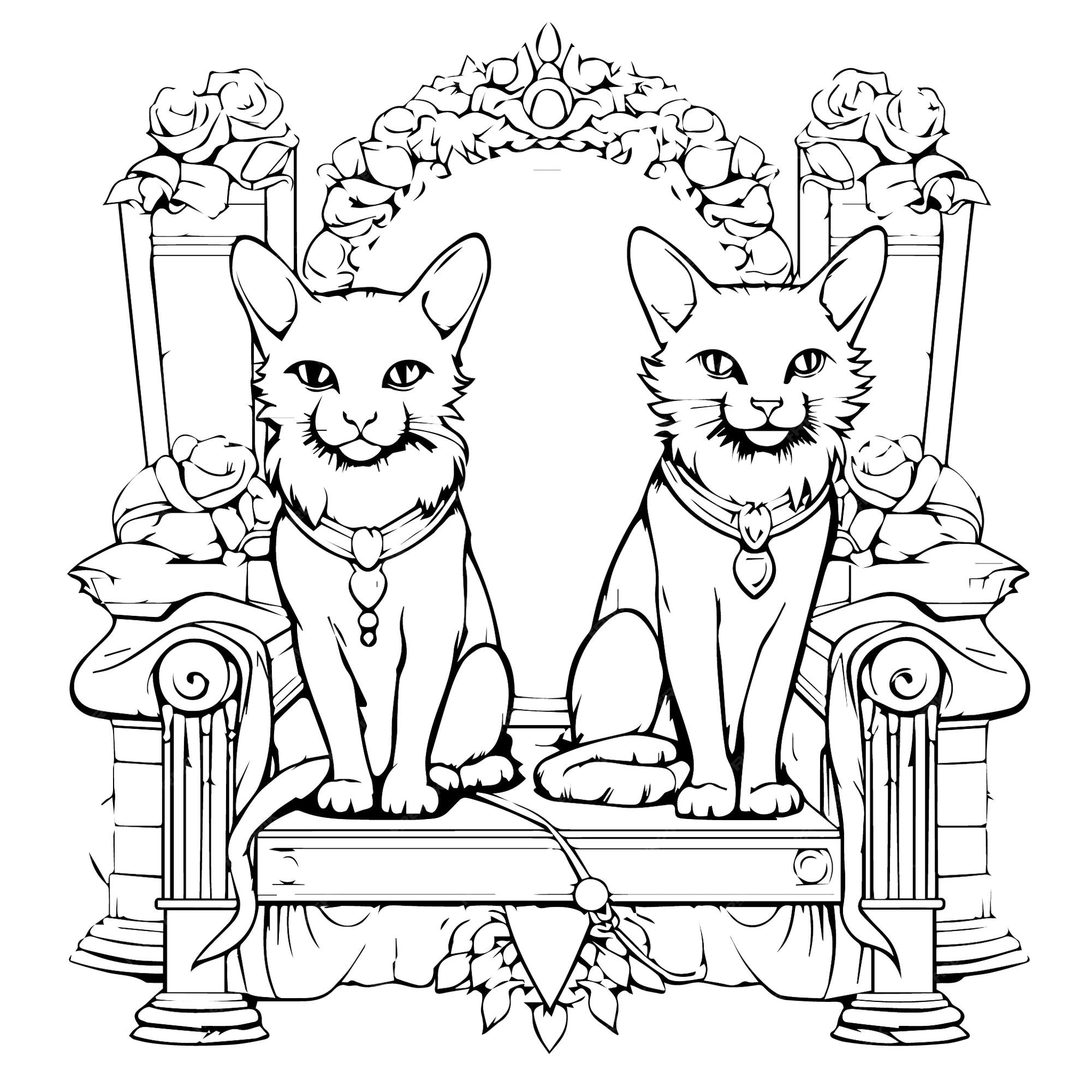 Premium vector coloring page for kids siamese cats on a throne