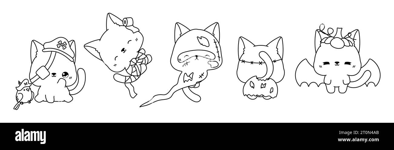 Set of vector halloween siamese cat coloring page collection of kawaii halloween kitten outline stock vector image art