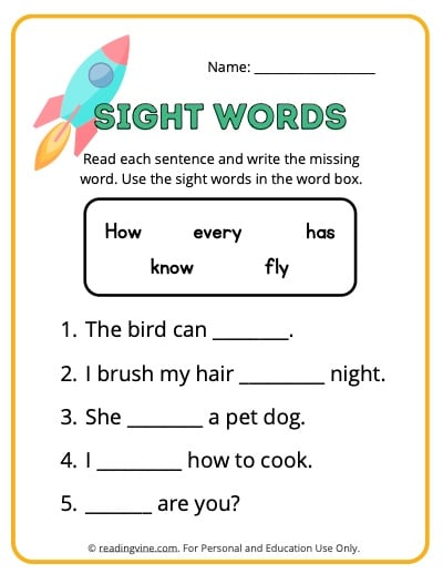 Sight words worksheets