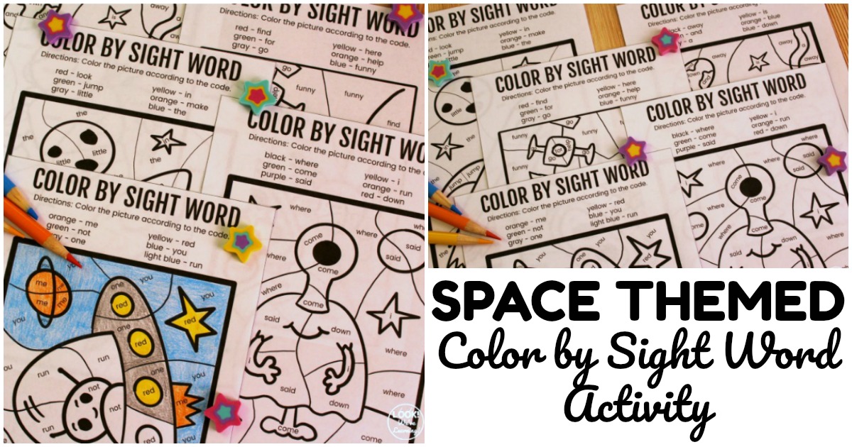 Space sight words color by sight word activity