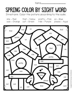 Color by sight word spring kindergarten worksheets