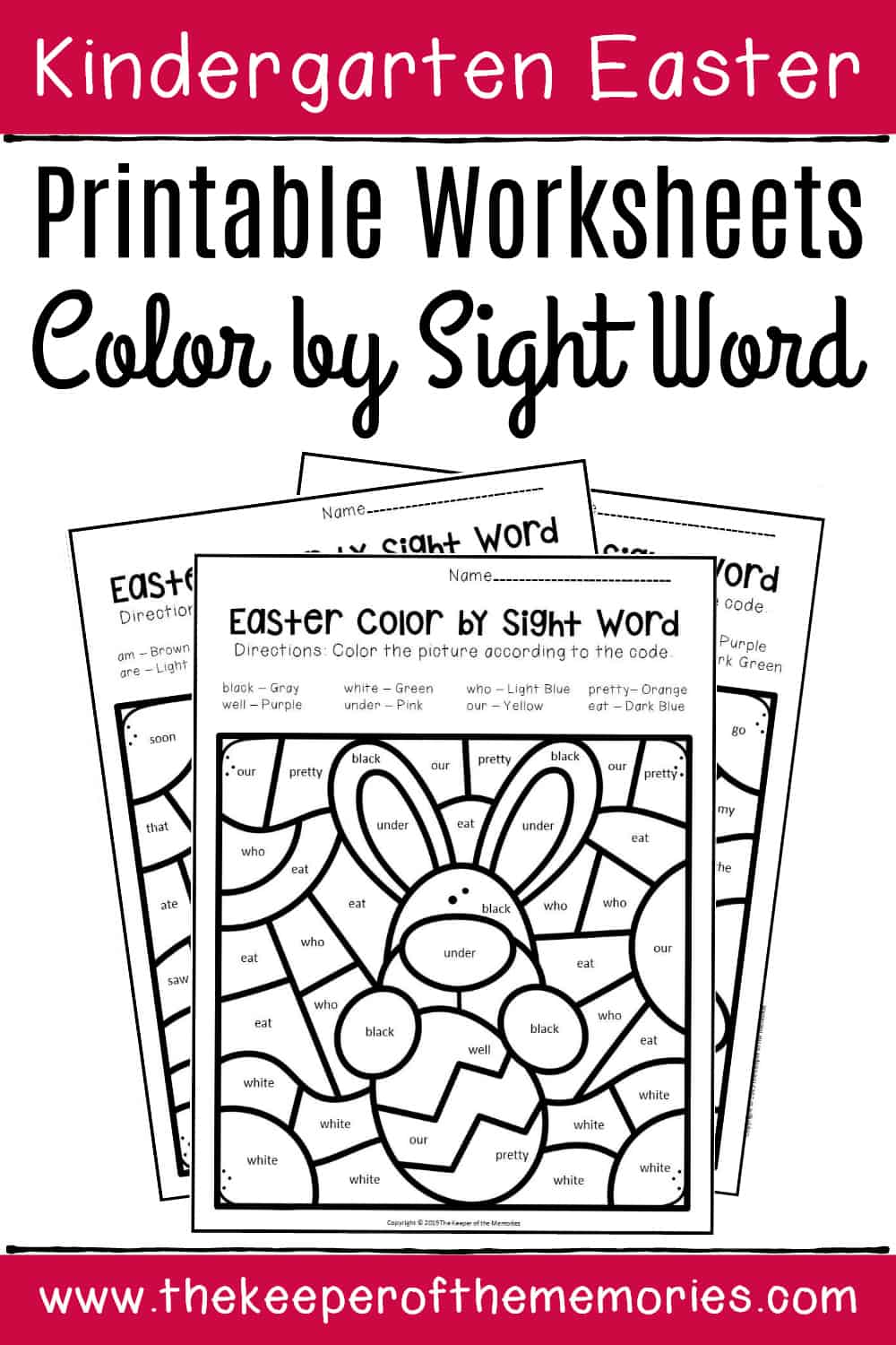 Color by sight word easter kindergarten worksheets
