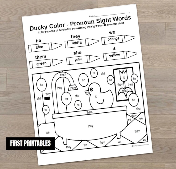 Duck sight words kindergarten color code worksheet pronouns homeschool resource parts of speech rubber ducky coloring page learning to read download now
