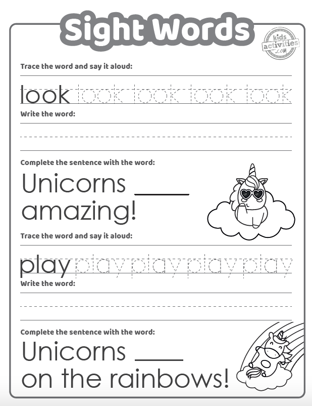 Free sight words worksheets with a cute unicorn theme kids activities blog
