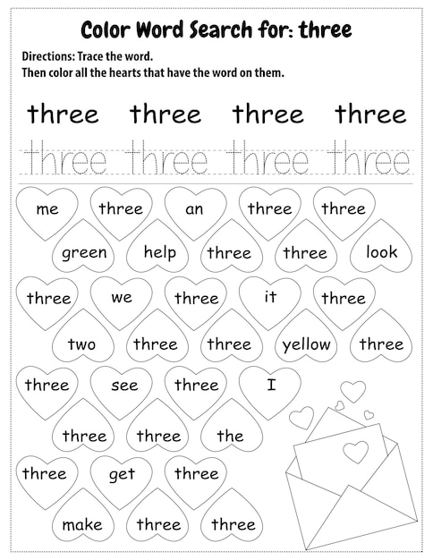Premium vector sight words search educational worksheet for preschool and primary school learning coloring pages