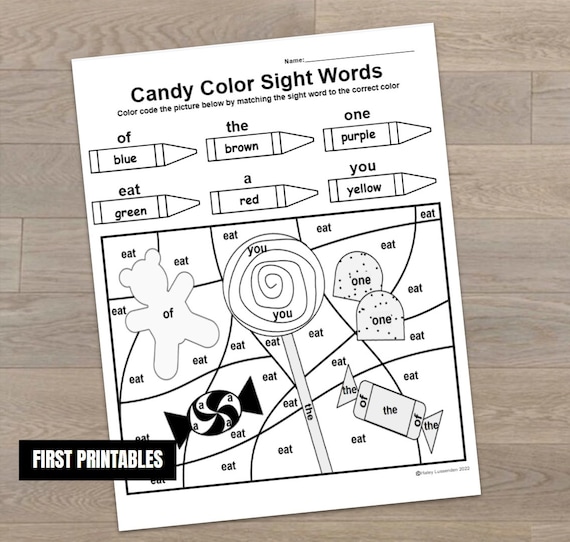 Candy sight words kindergarten color code worksheet homeschool