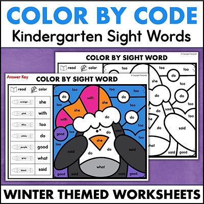 Kindergarten sight words winter color by code worksheets
