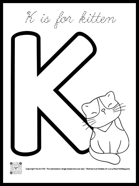 Cute letter k is for kitten coloring page free printable bubble font â the art kit