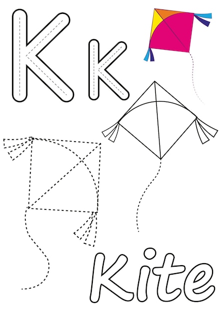 Premium vector coloring pages of kite and the letter k suitable for use in childrens coloring books