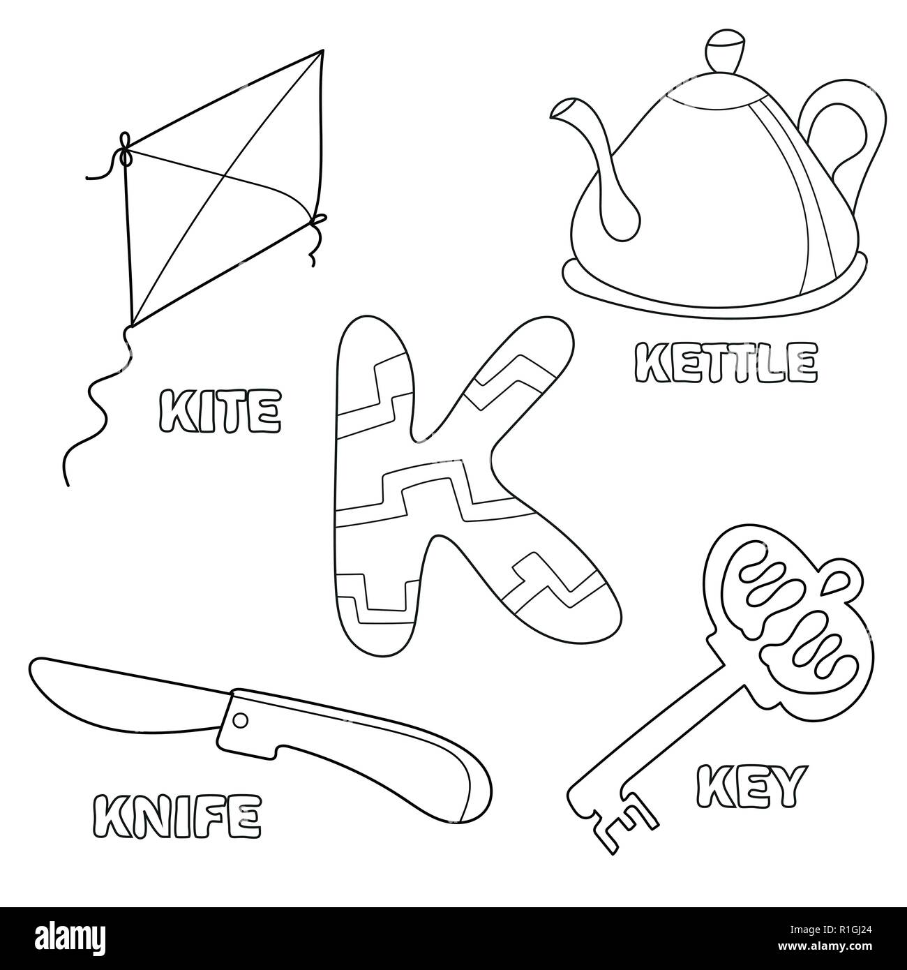 Kids alphabet coloring book page with outlined clip arts letter k stock vector image art