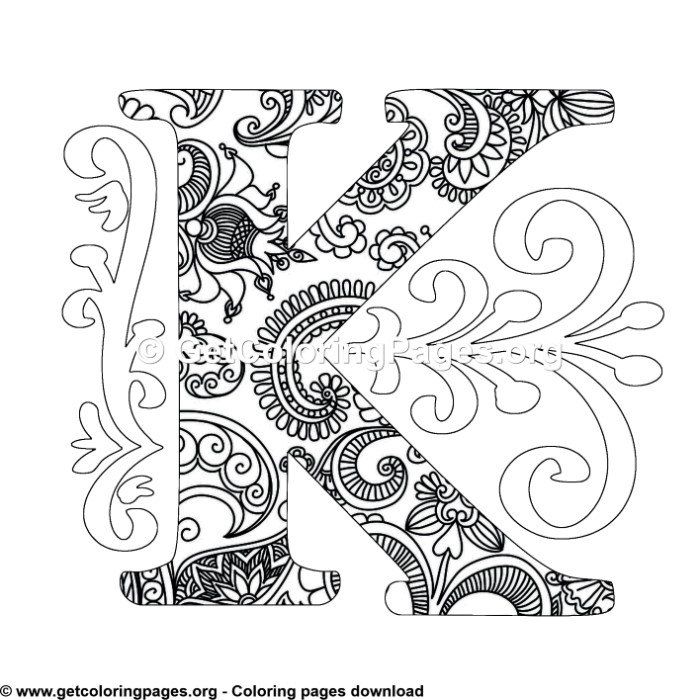 Zentangle monogram alphabet letter k coloring sheet mandala coloring pages lettering alphabet butterfly coloring page