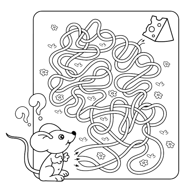 Premium vector puzzle tangled road coloring page outline of little mouse with cheese coloring book for kids