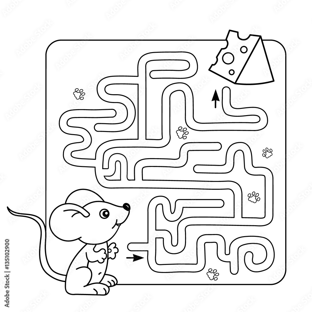 Cartoon vector illustration of education maze or labyrinth game for preschool children puzzle coloring page outline of little mouse with cheese coloring book for kids vector