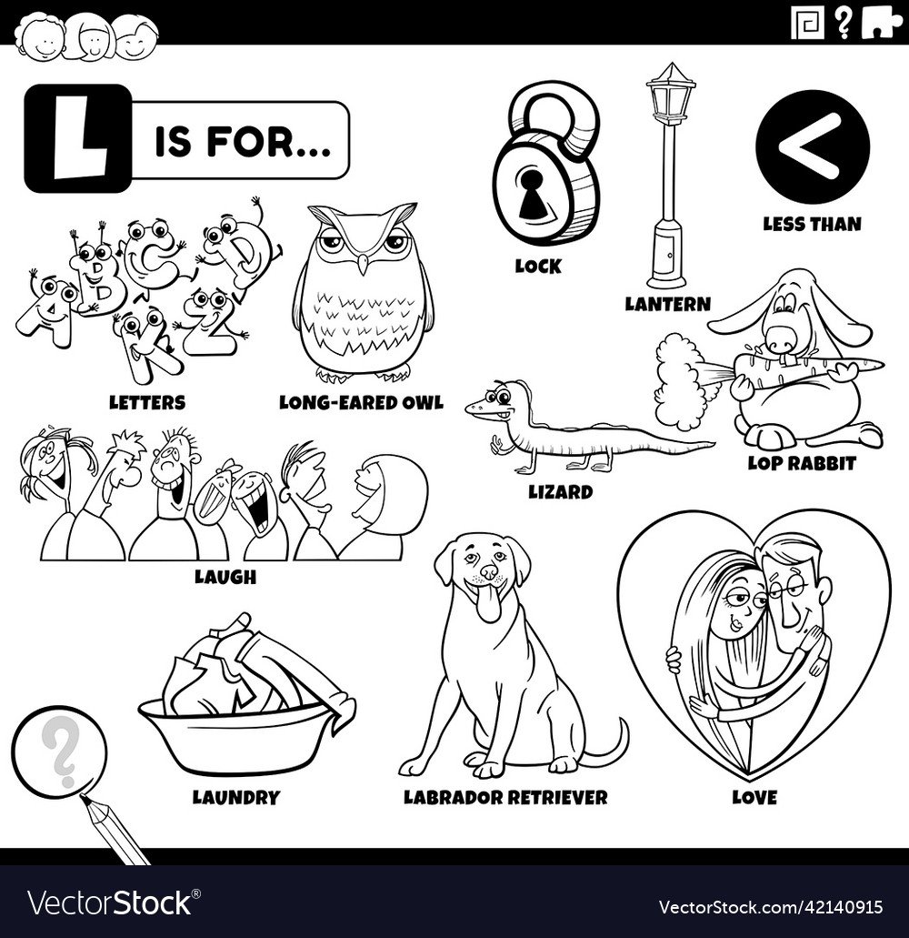 Letter l words educational set coloring book page vector image