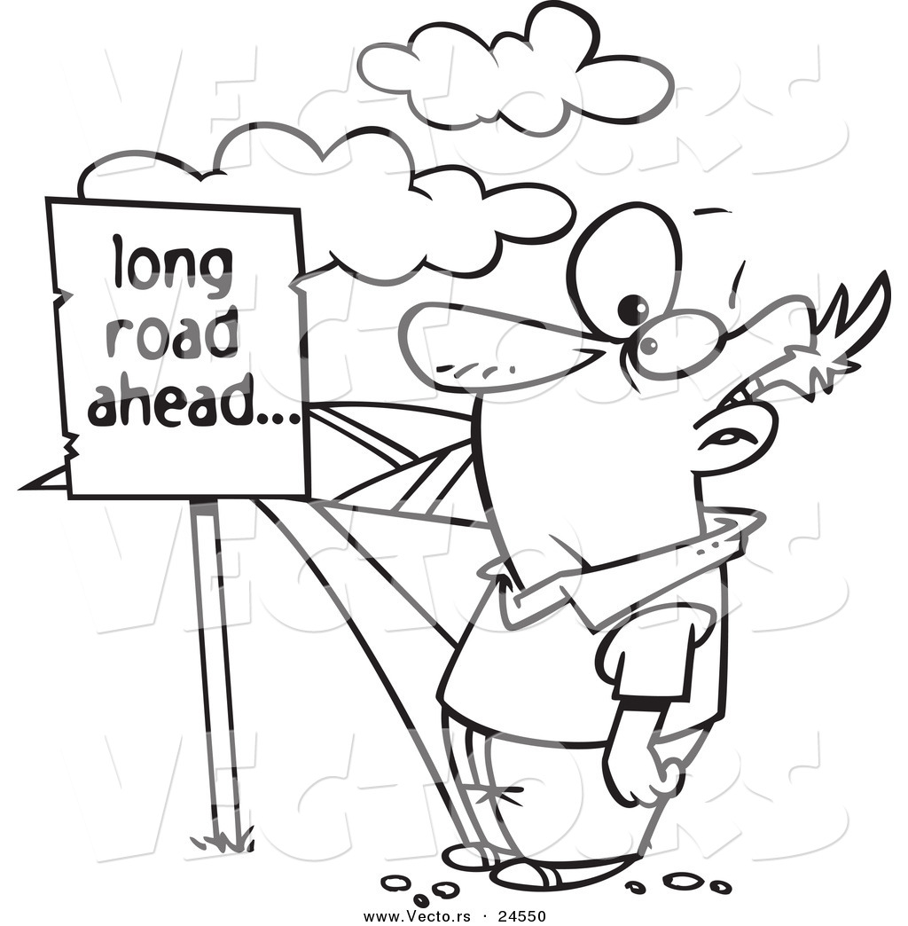 R of a cartoon man facing a long road ahead sign and a hilly path
