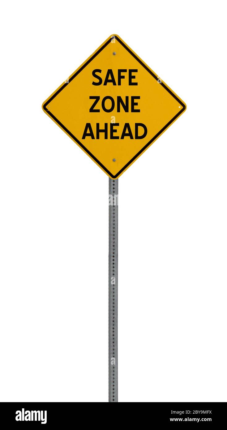 Isolated yellow driving warning sign large dip ahead stock photo